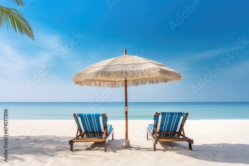 Beach chair with umbrella in luxury resort with beautiful seascape on beach. Summer tropical vacation concept. © rabbit75_fot