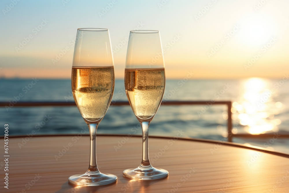 Champagne wine glasses and bottle on table top with a good view of blue sea at beach. Summer tropical vacation concept.