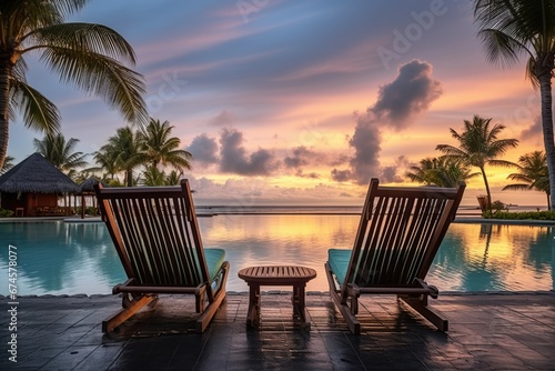 Beach chair at sunset in luxury resort with beautiful seascape on beach. Summer tropical vacation concept. © rabbit75_fot