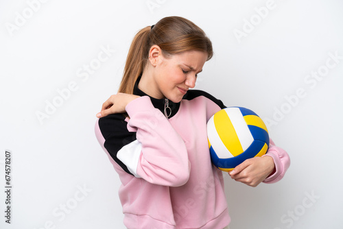 Young caucasian woman playing volleyball isolated on white background suffering from pain in shoulder for having made an effort