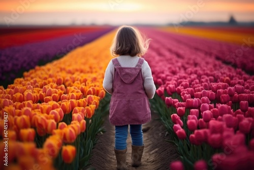 A little girl stand in field of beautiful tulip with variable colors iin Spring. Spring seasonal concept. #674578427