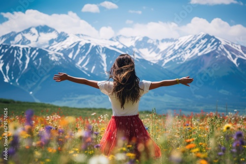 A beautiful lady open arms enjoy wild flower field in wild with variable colors and snow mountain background in Spring. Spring seasonal concept.