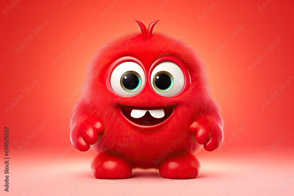 Funny fluffy monster isolated on clear bright red background. Happy and furry little monster. Cute yeti. Halloween character Funny fluffy monster isolated on clear bright red background. Happy and furry little monster. Cute yeti. Halloween character
