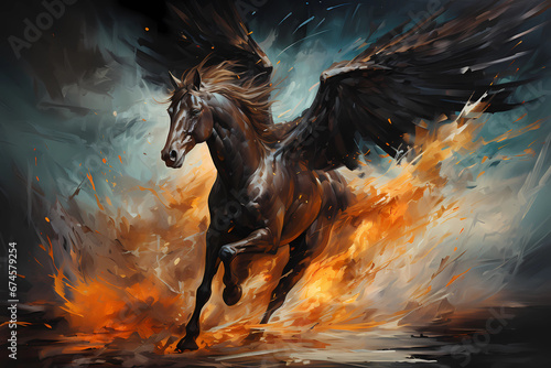Leinwand Poster Abstract painting of a black beauty Pegasus escaping out of fire