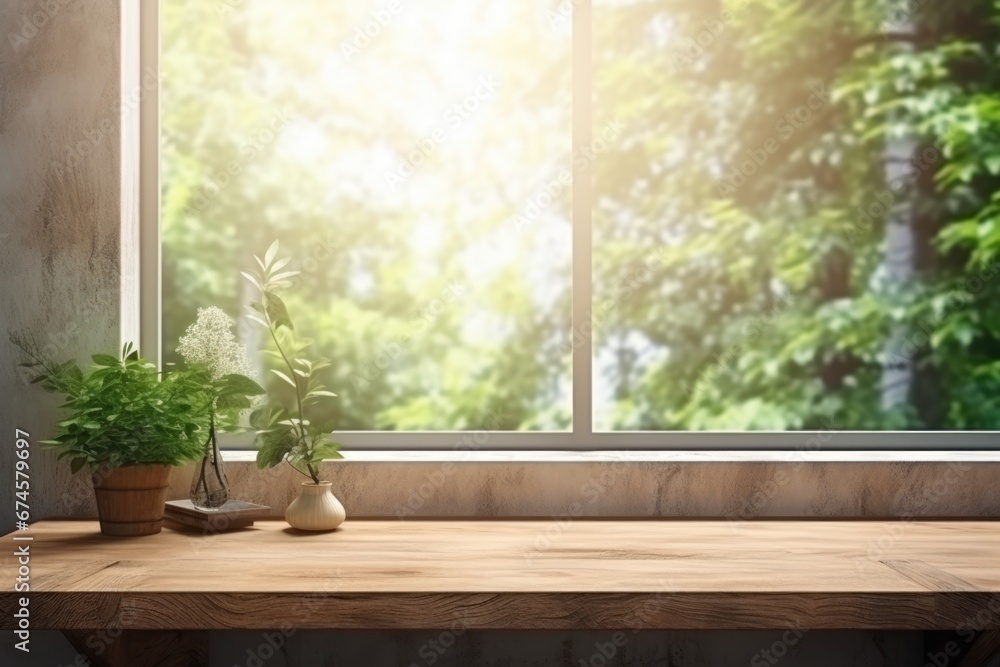 Close-up view of a bright window with a green plant in Spring. Spring seasonal concept.