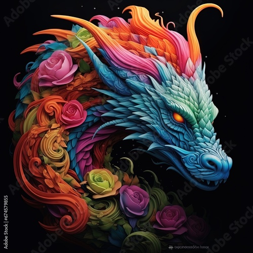 bright multi-colored dragon decorated with flowers on a black background, symbol of the 2024 new year © barinovalena