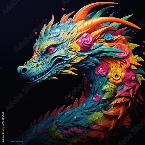 bright multi-colored dragon decorated with flowers on a black background  symbol of the 2024 new year
