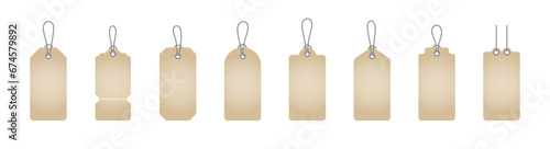 Set of price tag templates on a string, labels for goods. Collection of tags for store, shopping. Empty label blanks, banners, coupons, badges for business, retail, commerce. Vector flat illustration