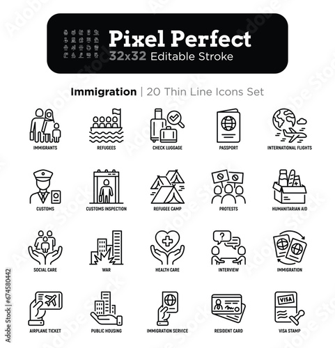 Immigration thin line icons set: immigrants, illegals, baggage examination, passport, resident card, public housing, customs, inspection, refugee camp. Editable stroke. Vector illustration.