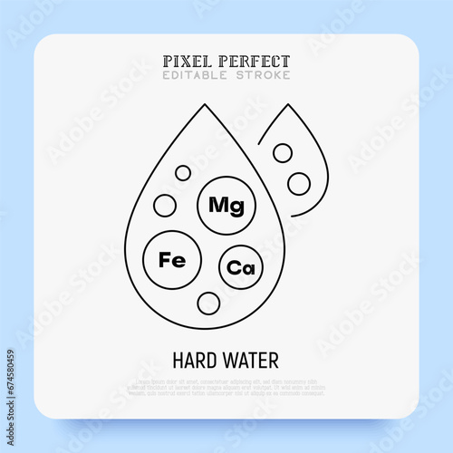 Hard water thin line icon. Water drop with minerals. Editable stroke. Vector illustration.
