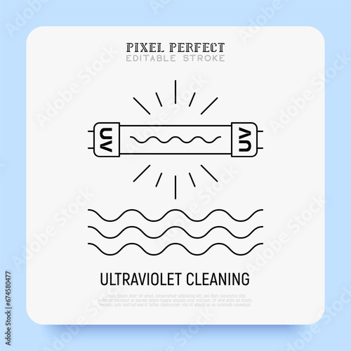 Ultraviolet cleaning of water thin line icon. Disinfection. Editable stroke. Vector illustration.