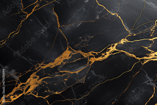 Abstract crystal lines in gold imbue this black marble texture background with a decorative, vintage flair for any interior