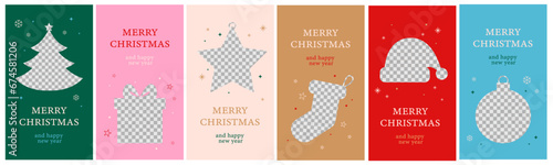 Merry Christmas and Happy New Year set of 6 social media story design templates. Xmas holiday poster set. Vector design of christmas elements for greeting card, cover, social media post, minimal