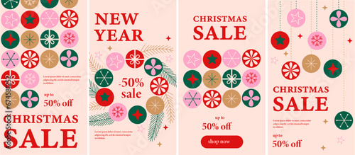 Merry Christmas and Happy New Year set of 4 social media story design templates. Xmas holiday poster set. Vector design of christmas elements for greeting card, cover, social media post, minimal photo