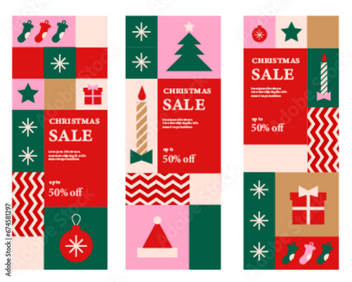 Merry Christmas and Happy New Year set of vertical banner design templates. Xmas holiday poster set. Vector design of christmas elements for greeting card  cover  social media post  minimal