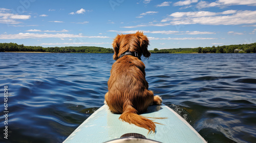 chien assis à l'avant d'un paddle en train de flotter sur un lac