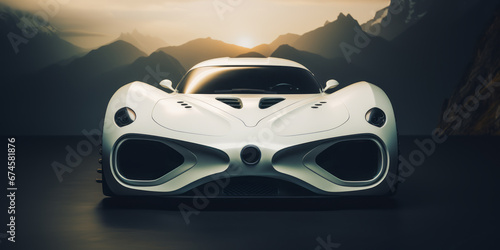 Futuristic sports car concept. White futuristic car parked  mountains background.