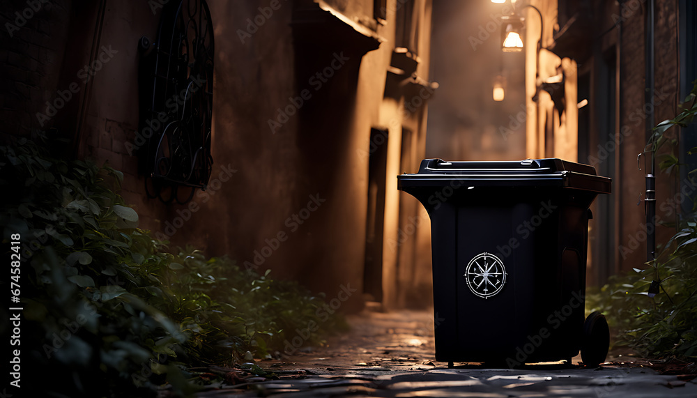 A dark and eerie trash bin hidden in the shadows of an alleyway, filled ...