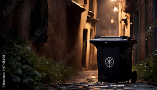 A dark and eerie trash bin hidden in the shadows of an alleyway, filled with mysterious objects and discarded items, waiting to be discovered by a curious explorer.