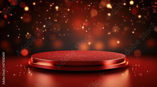 Luxury red podium against sparkle, glitter, blurred lighting on red elegant background. Design for Chinese New Year celebration, advertising or product presentation, banner, flyer. Generative AI