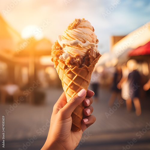 Beautiful Female hand holding an ice cream cone, social media style photo, food and travel destination concept