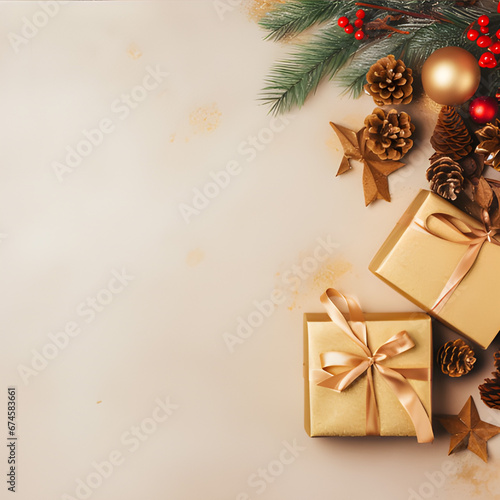 Christmas decoration composition on light gold background with beautiful Golden gift box with red ribbon, fir branches, cones, stars, Christmas cookies,cinnamon, © Watsaphon