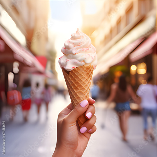 Beautiful Female hand holding an ice cream cone  social media style photo  food and travel destination concept