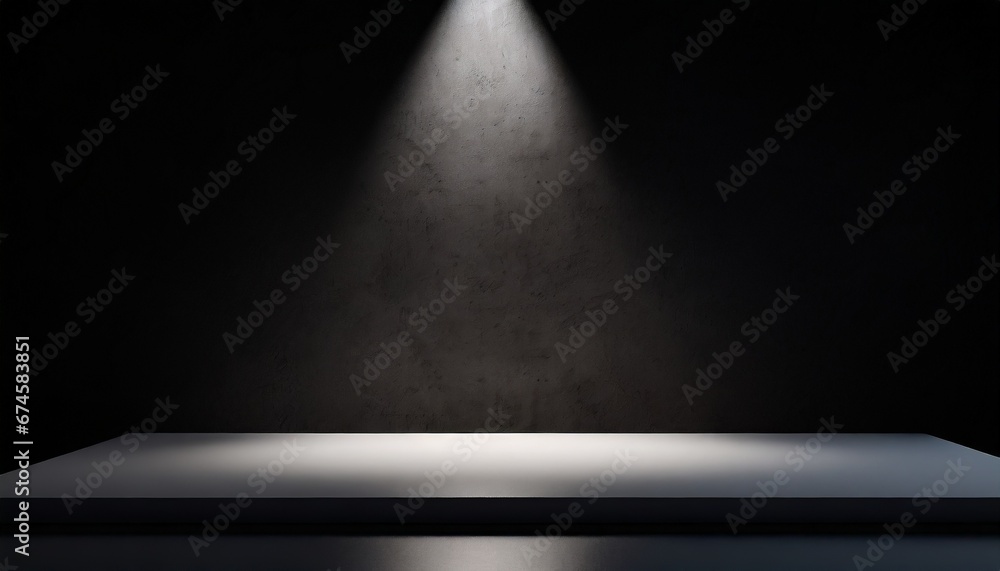 Empty studio. Black background. White table with spotlight. Minimalist mockup for podium display and showcase, studio room, Desk illuminated by spotlight, interior room for displaying products