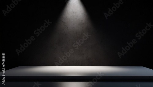 Empty studio. Black background. White table with spotlight. Minimalist mockup for podium display and showcase, studio room, Desk illuminated by spotlight, interior room for displaying products photo