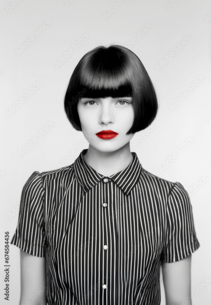 ritratto primo piano high key di volto di giovane donna, labbra con rossetto rosso acceso, sfondo bianco, capelli scuri stile bob cut ritratto primo piano high key di volto di giovane donna, labbra con rossetto rosso acceso, sfondo bianco, capelli scuri stile bob cut