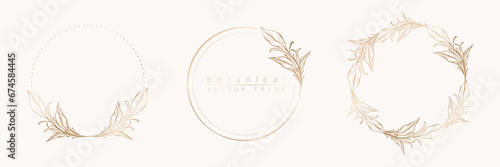 Botanical golden circle frame set. Hand drawn round line border, leaves and flowers for wedding invitation and cards, logo design, social media and posters template. Elegant minimal floral vector.