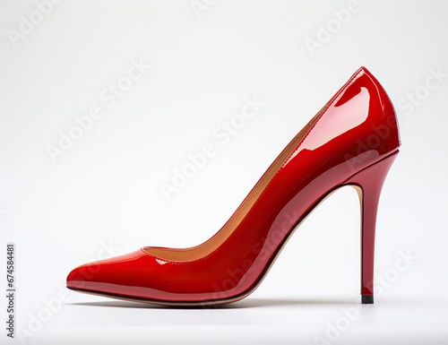 A red patent high-heeled shoe with a pointed toe on a white background.