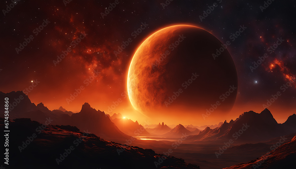 A mesmerizing celestial scene with a large orange planet surrounded by a fiery red atmosphere, set against a starry background
