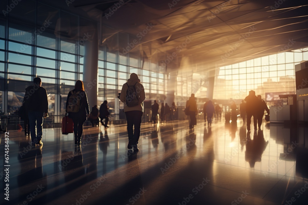 People of various ages and appearances hurry through a bright airport hall bathed in the reflections of the morning sun, mirrored in glass walls and the gleaming floor.