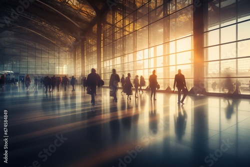 People of various ages and appearances hurry through a bright airport hall bathed in the reflections of the morning sun  mirrored in glass walls and the gleaming floor.
