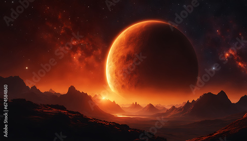 A mesmerizing celestial scene with a large orange planet surrounded by a fiery red atmosphere  set against a starry background