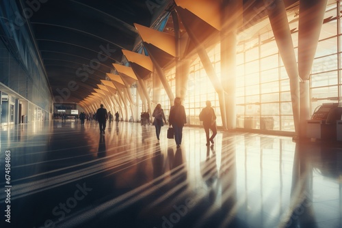 People of various ages and appearances hurry through a bright airport hall bathed in the reflections of the morning sun, mirrored in glass walls and the gleaming floor. photo
