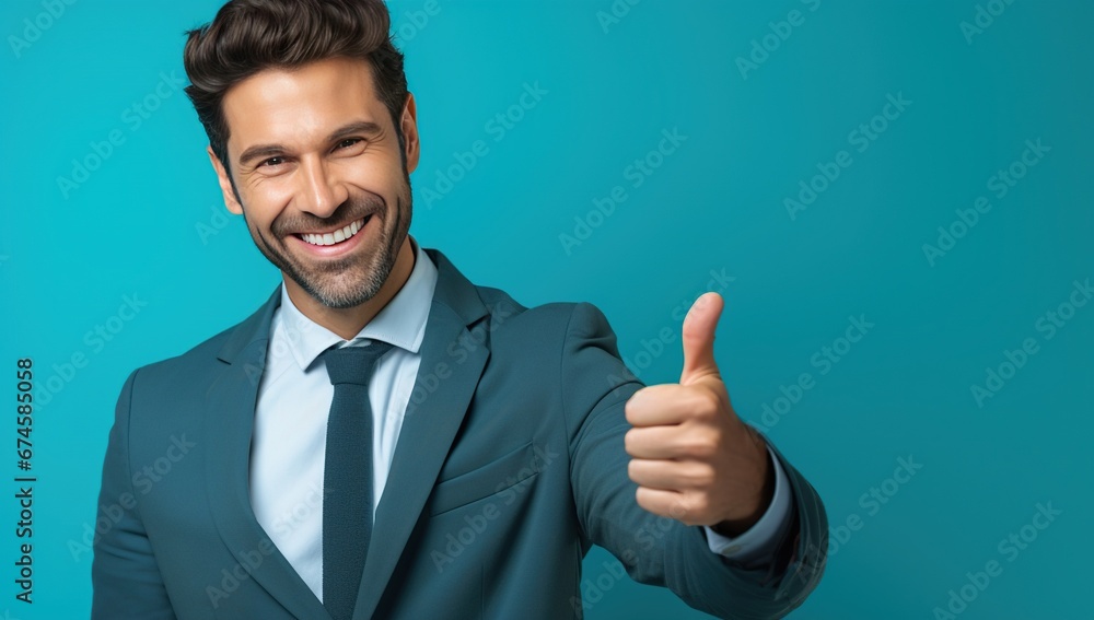 A smiling adult Caucasian man with brunette hair in a smart blue suit giving a thumbs-up against a teal background. A smiling adult Caucasian man with brunette hair in a smart blue suit giving a thumbs-up against a teal background.