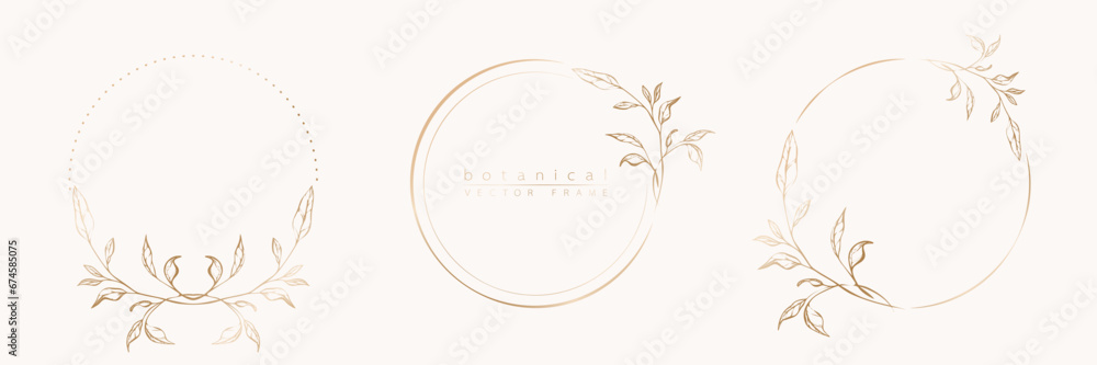 Obraz premium Botanical golden circle frame set. Hand drawn round line border, leaves and flowers for wedding invitation and cards, logo design, social media and posters template. Elegant minimal floral vector.