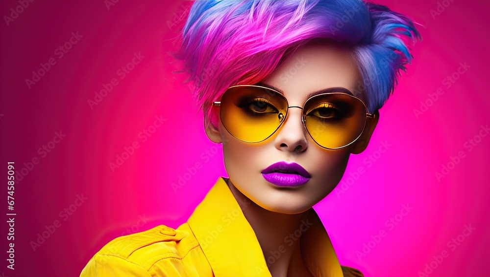 Adult Caucasian woman with short blue and pink hair, wearing large round yellow sunglasses and a yellow jacket.