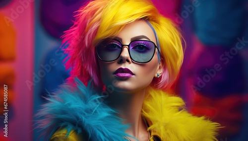 Adult Caucasian woman with vivid yellow and pink hair, wearing large black glasses and a fluffy multicolored collar.