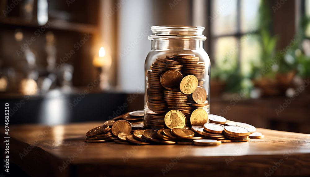 A jar overflowing with coins on a wooden table, symbolizing wealth and prosperity. - obrazy, fototapety, plakaty 