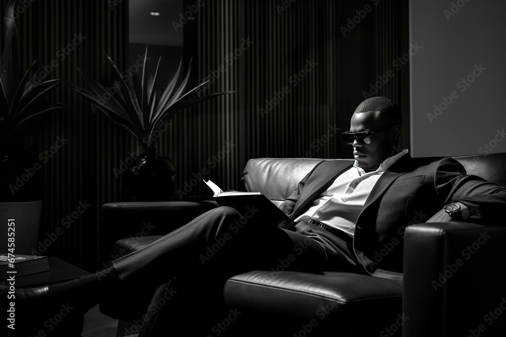 An adult black man wearing glasses and a business suit is seriously reading a book while sitting in a leather chair in a minimalist office with a dark interior.
