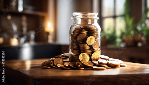 A jar overflowing with coins on a wooden table, symbolizing wealth and prosperity.