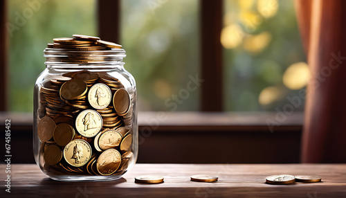 A jar overflowing with coins on a wooden table, symbolizing wealth and prosperity.
