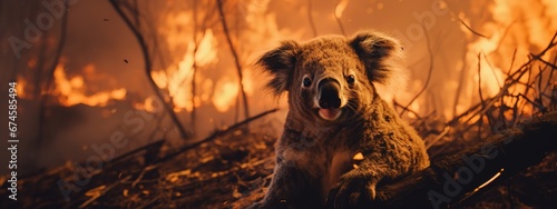 Koala with the bush fire on the background. Burning forest in Au