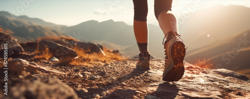 Hiker woman in boots on hight mountains. generative ai