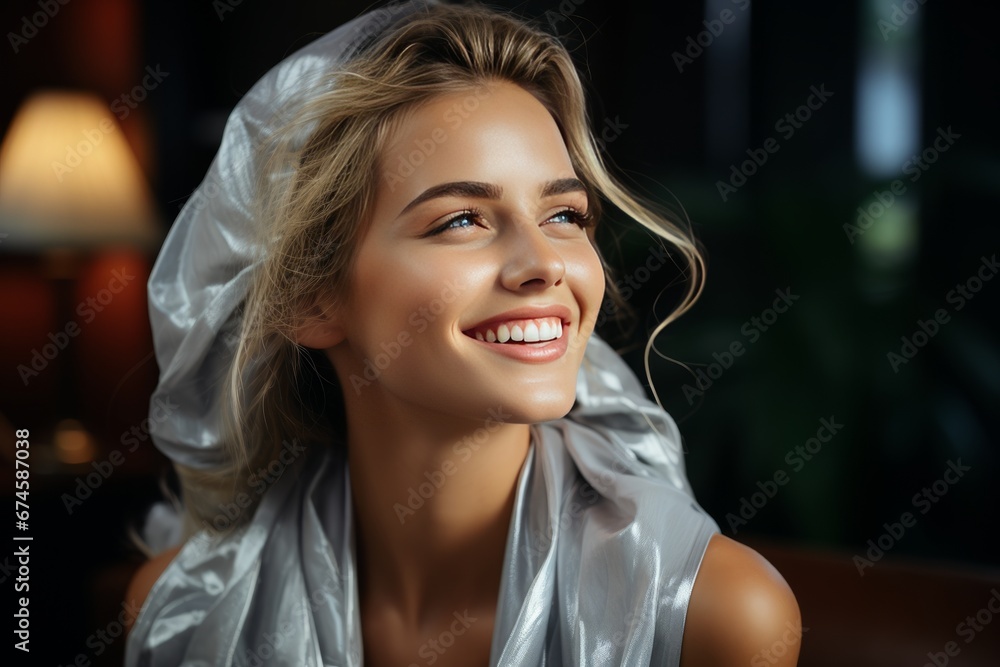 Close-up portrait of a charming smiling blonde girl in a beauty salon. Spa beauty treatments using nourishing products for healthy hair. Cosmetic procedures and hair care. Close-up portrait of a charming smiling blonde girl in a beauty salon. Spa beauty treatments using nourishing products for healthy hair. Cosmetic procedures and hair care.
