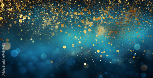 abstract background with Dark blue and gold particle. Christmas Golden light shine particles bokeh on navy blue background. Gold foil texture. Holiday concept.