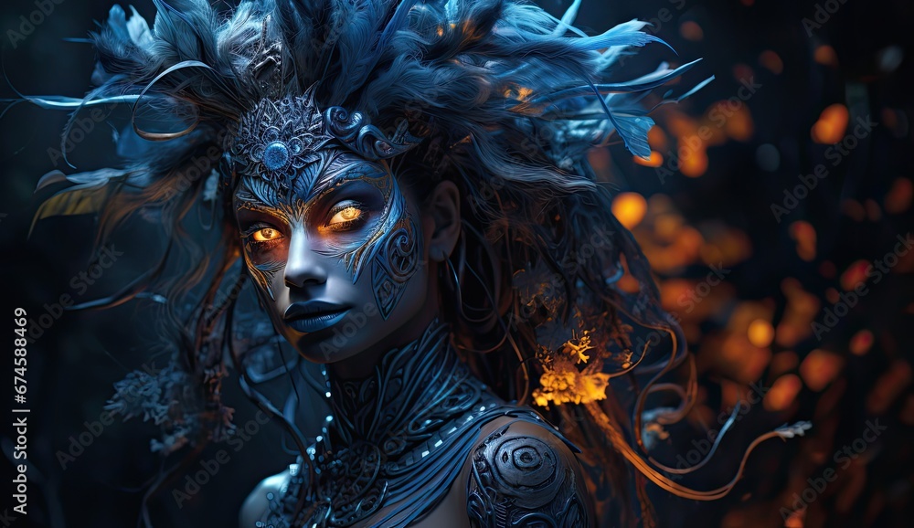 Baśniowa szamanka czarownica z ornamentami na twarzy i błyszczącymi oczami. 